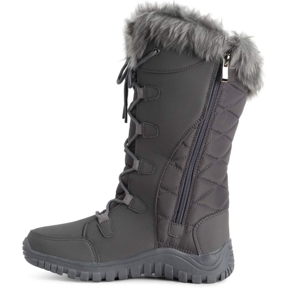 〽️Women's Gray Polar Quilted Winter Duck Boots Faux Fur Cuff Outdoor Rain Boots - Picture 3 of 9